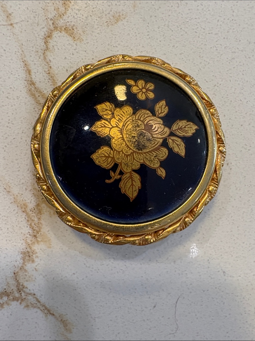 Limoges Gold Floral porcelain Brooch on Deep Blue